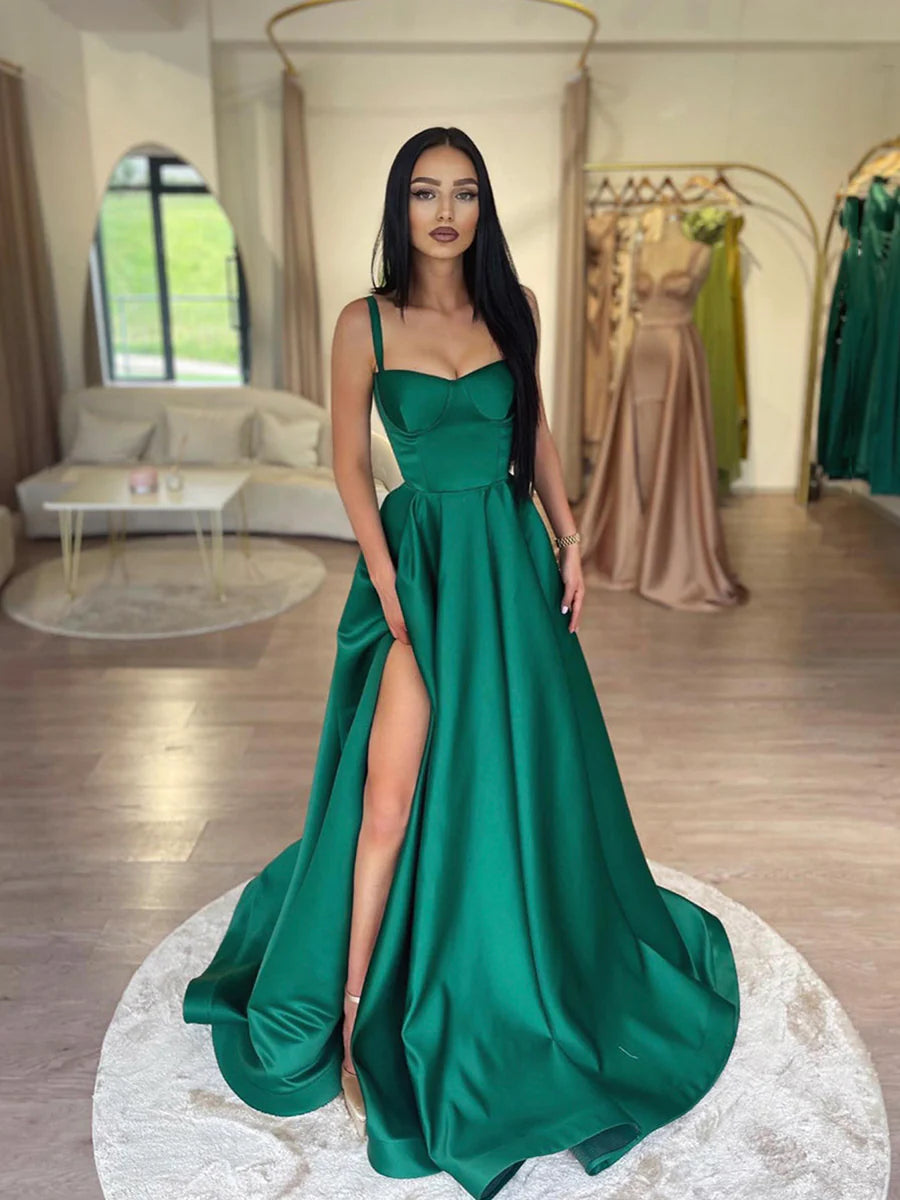 Simple Satin Long Prom Dress, A-Line Green Backless Evening Dress nv1441