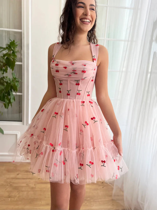 Cute Cherry Tulle Mini Prom Dress, Pink A-Line Lace-up Party Dress nv1633