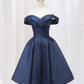 Blaues schulterfreies Partykleid aus Satin mit V-Ausschnitt, kurzes blaues Abend- und Ballkleid in A-Linie nv1637