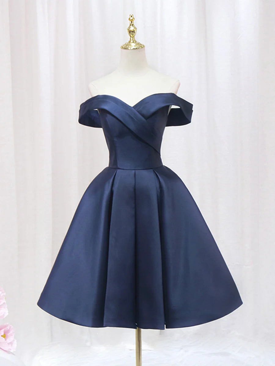 Blaues schulterfreies Partykleid aus Satin mit V-Ausschnitt, kurzes blaues Abend- und Ballkleid in A-Linie nv1637