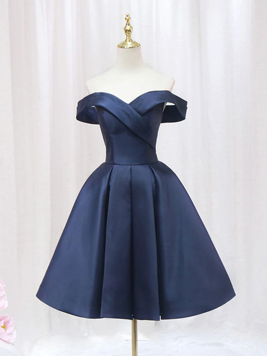 Blue V-neckline Satin Off Shoulder Party Dress, A-Line Blue Short Evening Prom Dress nv1637