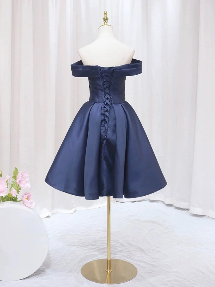 Blaues schulterfreies Partykleid aus Satin mit V-Ausschnitt, kurzes blaues Abend- und Ballkleid in A-Linie nv1637