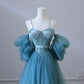 Fairy Blue Spaghetti Straps Corset Tulle Prom Dress, Detachable off Shoulder Party Dress nv1536