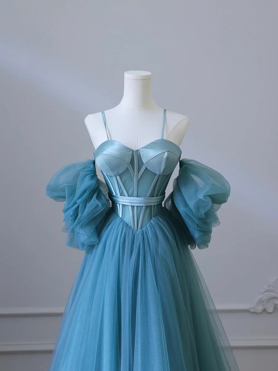 Fairy Blue Spaghetti Straps Corset Tulle Prom Dress, Detachable off Shoulder Party Dress nv1536