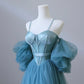 Fairy Blue Spaghetti Straps Corset Tulle Prom Dress, Detachable off Shoulder Party Dress nv1536