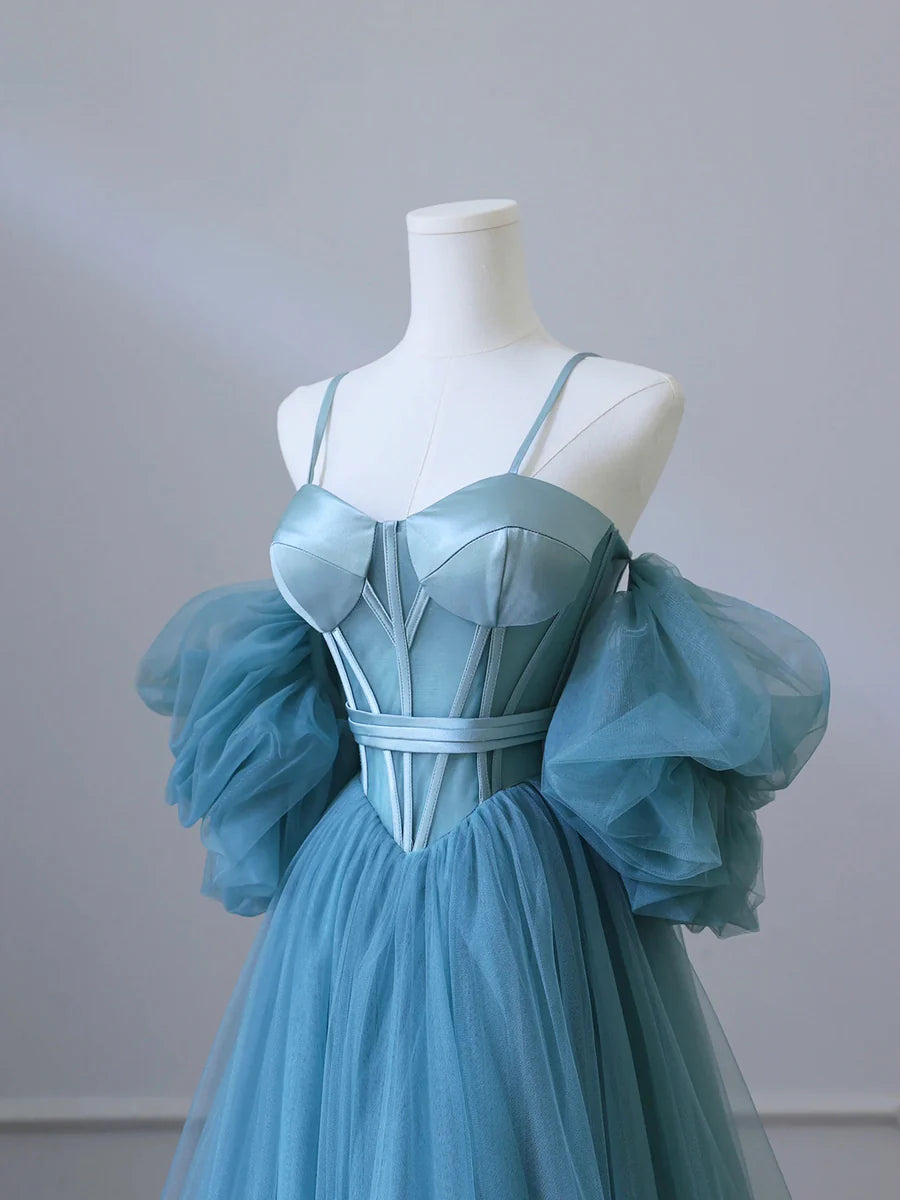 Fairy Blue Spaghetti Straps Corset Tulle Prom Dress, Detachable off Shoulder Party Dress nv1536