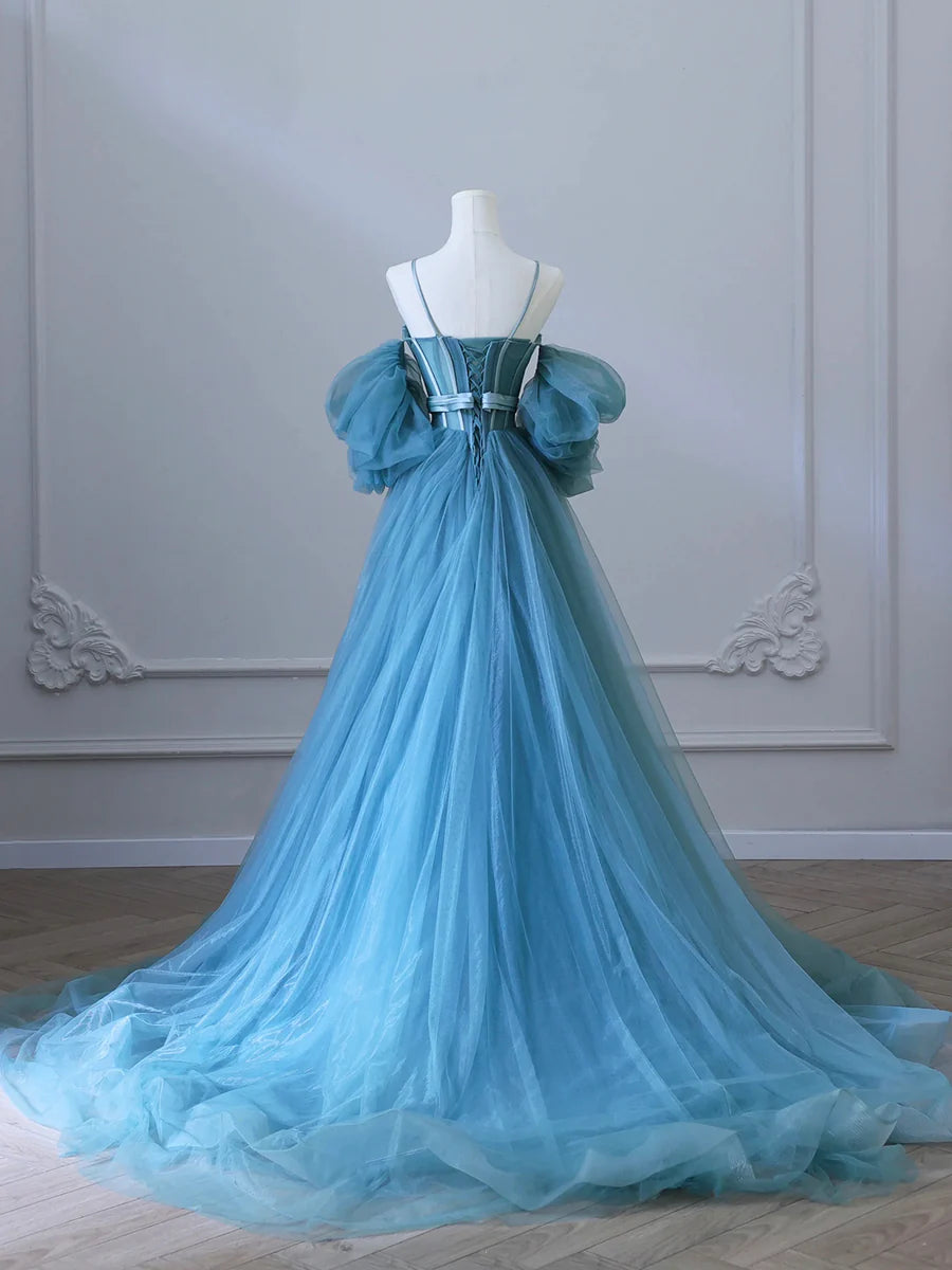 Fairy Blue Spaghetti Straps Corset Tulle Prom Dress, Detachable off Shoulder Party Dress nv1536