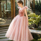 Retro Pink Velvet Tulle Tea Length Prom Dresses, A-Line U-Neck Short Sleeve Princess Party Dresses nv1634