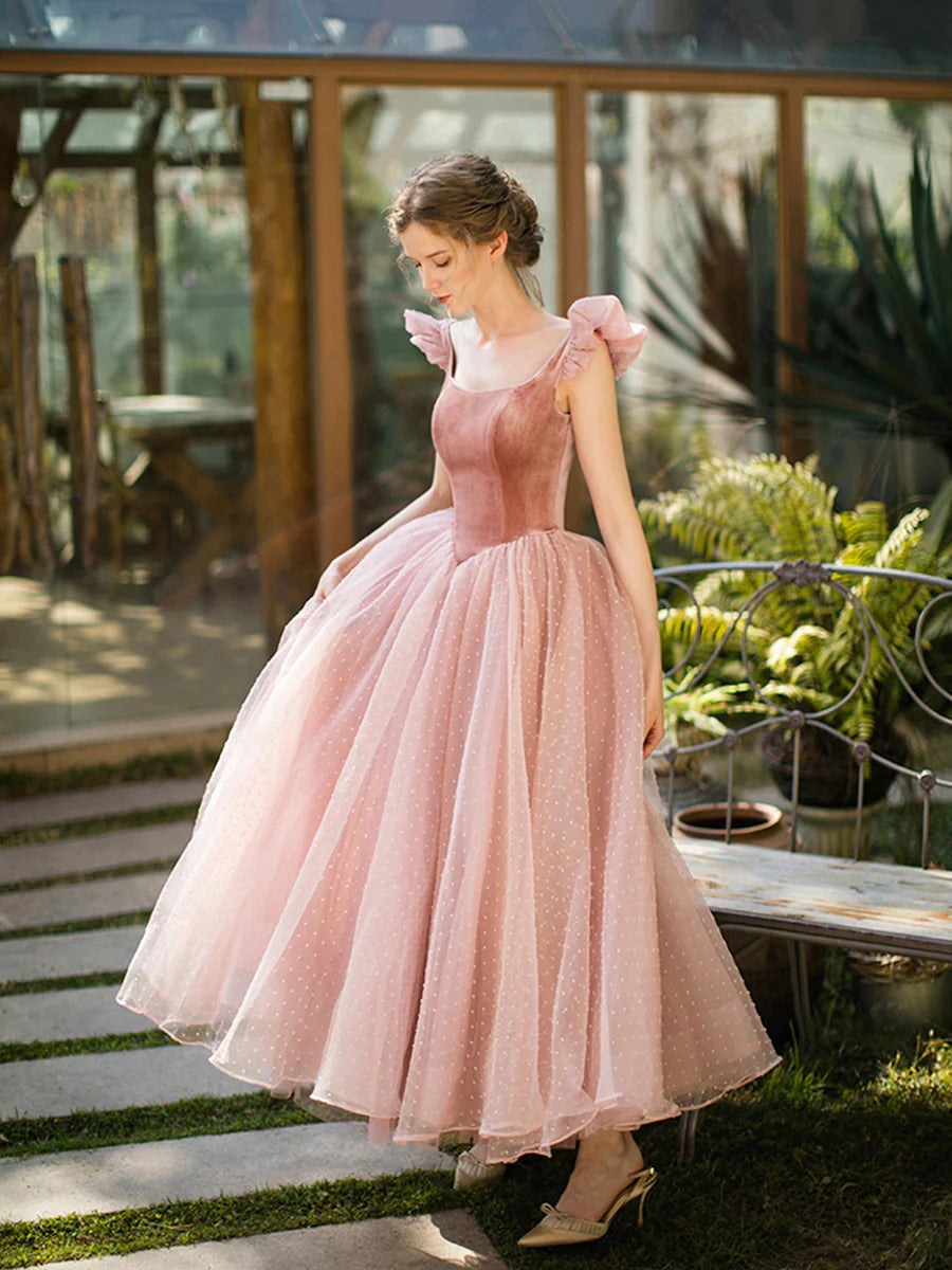 Retro Pink Velvet Tulle Tea Length Prom Dresses, A-Line U-Neck Short Sleeve Princess Party Dresses nv1634