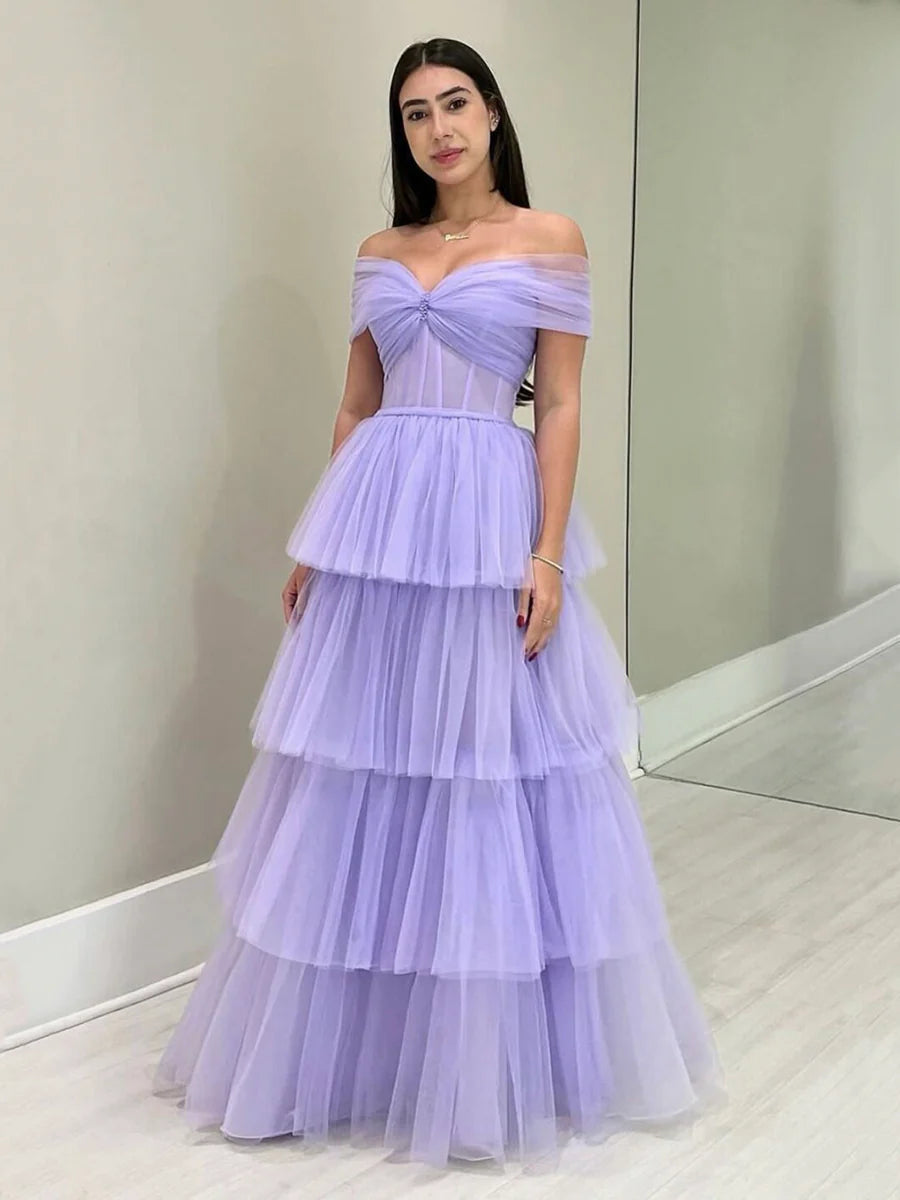 Purple Tulle Floor Length A-Line Prom Dress, Off the Shoulder Evening Party Dress nv1535