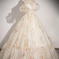 Champagne Floral Tulle Long Prom Dress, Beautiful Short Sleeve A-Line Evening Party Dress nv1614