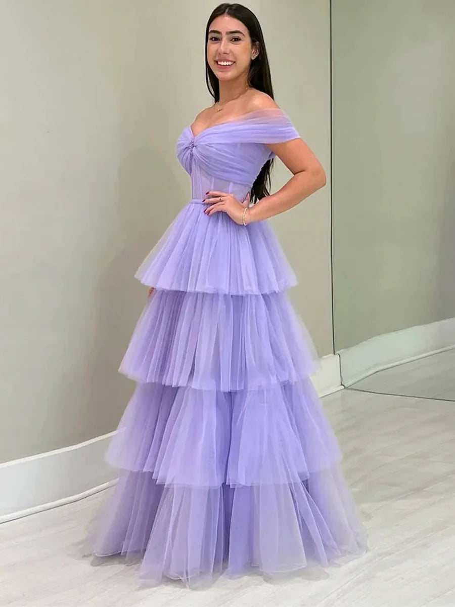 Purple Tulle Floor Length A-Line Prom Dress, Off the Shoulder Evening Party Dress nv1535