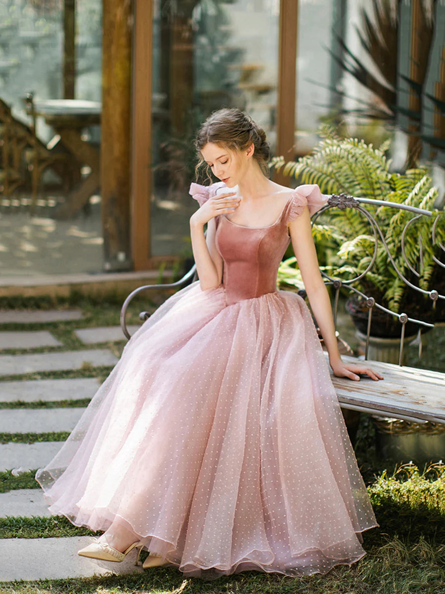 Retro Pink Velvet Tulle Tea Length Prom Dresses, A-Line U-Neck Short Sleeve Princess Party Dresses nv1634