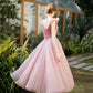 Retro Pink Velvet Tulle Tea Length Prom Dresses, A-Line U-Neck Short Sleeve Princess Party Dresses nv1634