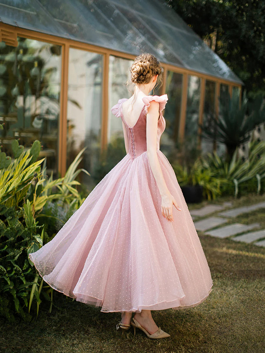 Retro Pink Velvet Tulle Tea Length Prom Dresses, A-Line U-Neck Short Sleeve Princess Party Dresses nv1634