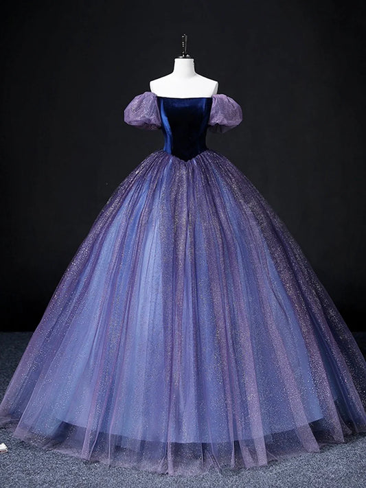 Beautiful Velvet Tulle Long Prom Dress, Purple A-line Party Dress sweet 16 Dress nv1421