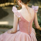 Retro Pink Velvet Tulle Tea Length Prom Dresses, A-Line U-Neck Short Sleeve Princess Party Dresses nv1634