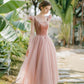 Retro Pink Velvet Tulle Tea Length Prom Dresses, A-Line U-Neck Short Sleeve Princess Party Dresses nv1634