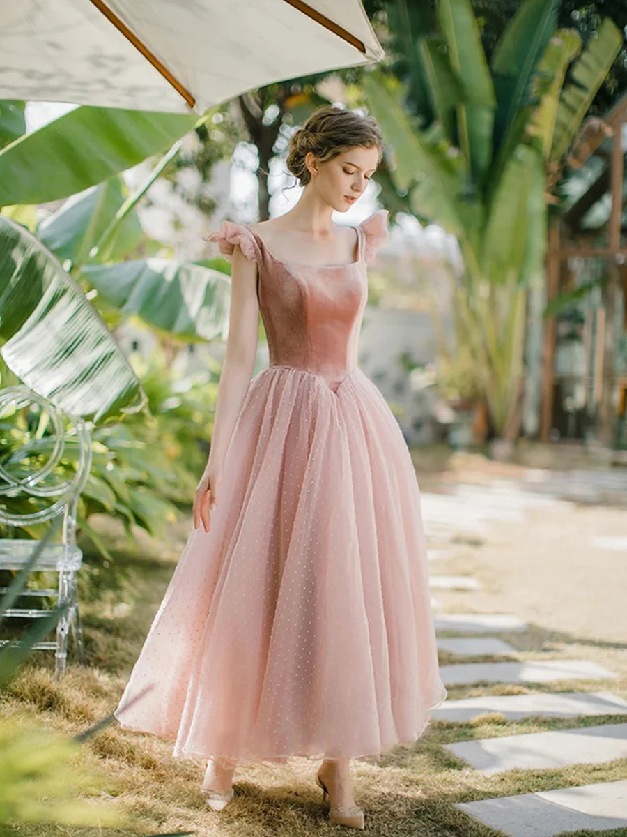 Retro Pink Velvet Tulle Tea Length Prom Dresses, A-Line U-Neck Short Sleeve Princess Party Dresses nv1634