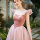 Retro Pink Velvet Tulle Tea Length Prom Dresses, A-Line U-Neck Short Sleeve Princess Party Dresses nv1634