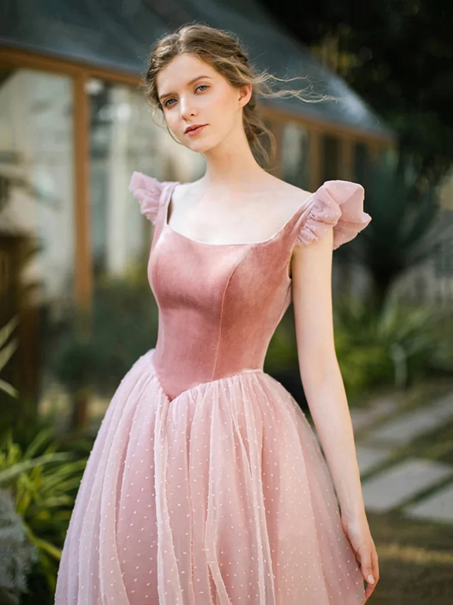 Retro Pink Velvet Tulle Tea Length Prom Dresses, A-Line U-Neck Short Sleeve Princess Party Dresses nv1634