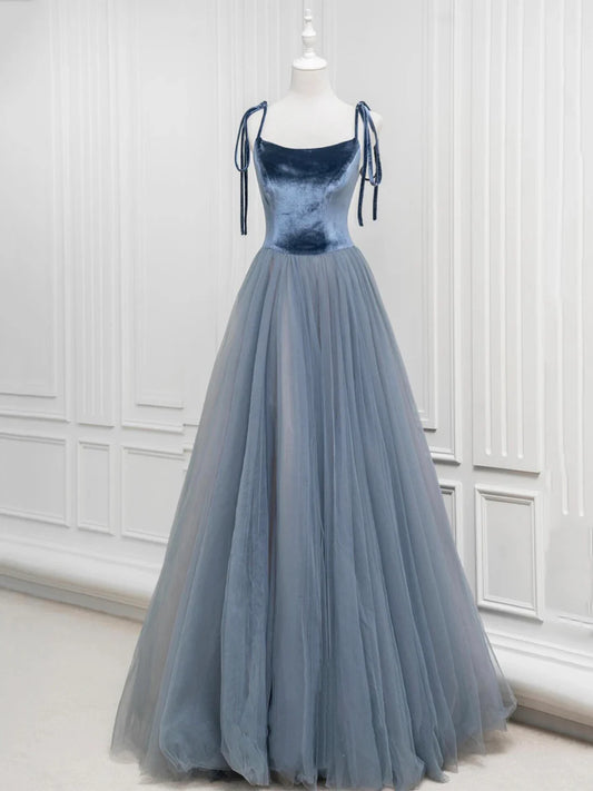 A-Line Velvet Tulle Long Prom Dress, Gray Blue Spaghetti Strap Evening Party Dress nv1572