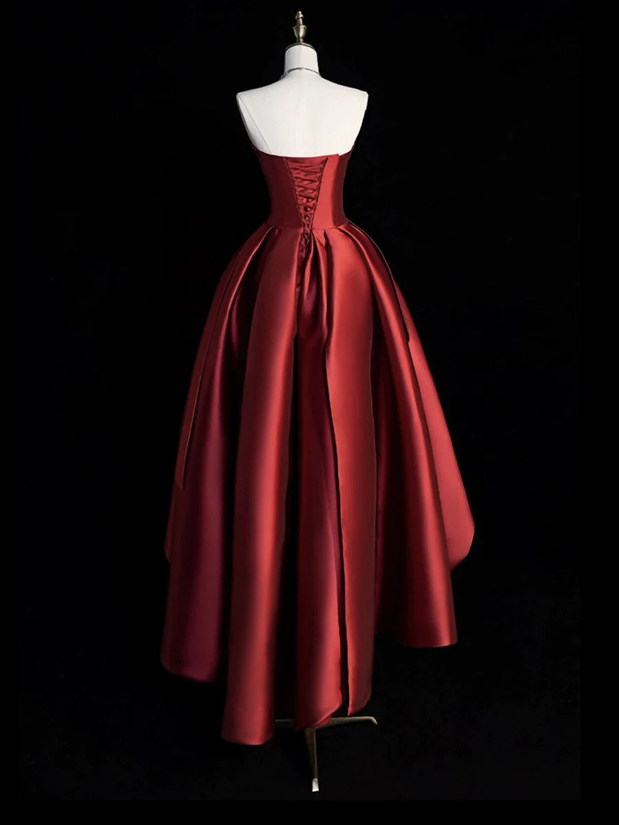 Burgundy Satin High Low Prom Dress Cute A-Line Off Shoulder Party Dress Evening Dress Homecoming Dress nv2159