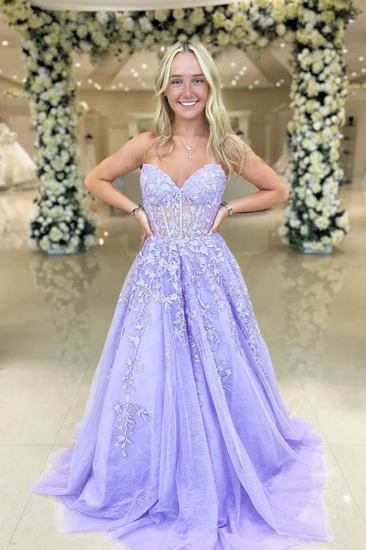 Lavender Strapless Lace A-line Tulle Floor Length Prom Dress nv1439