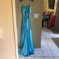 Blue shiny elegant unique spaghetti straps long satin ball gown evening dress party dress nv3726