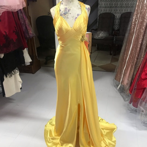 Yellow stylish elegant shoulder strap long satin floor-length ball gown, evening dress, party dress nv3692