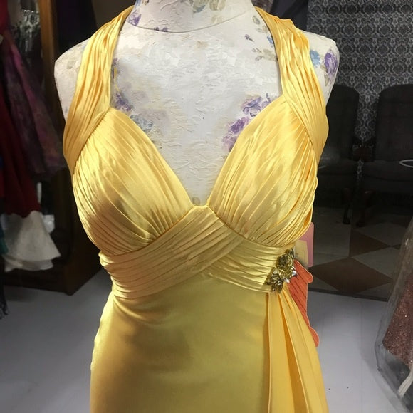 Yellow stylish elegant shoulder strap long satin floor-length ball gown, evening dress, party dress nv3692