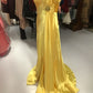 Yellow stylish elegant shoulder strap long satin floor-length ball gown, evening dress, party dress nv3692