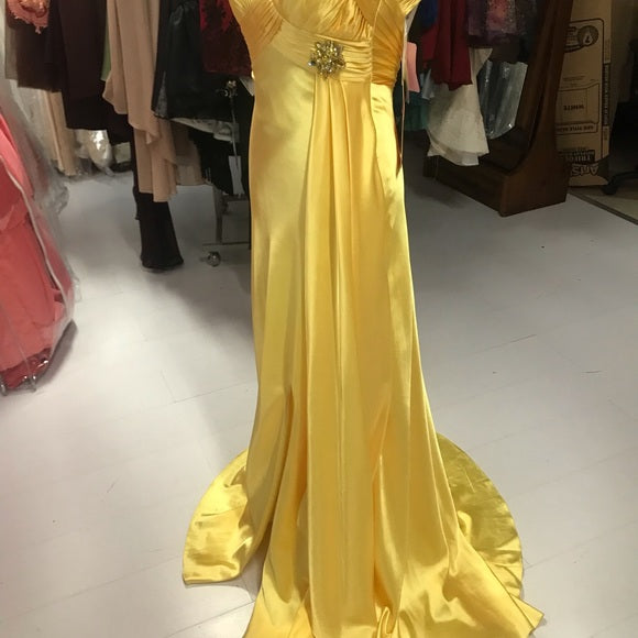 Yellow stylish elegant shoulder strap long satin floor-length ball gown, evening dress, party dress nv3692