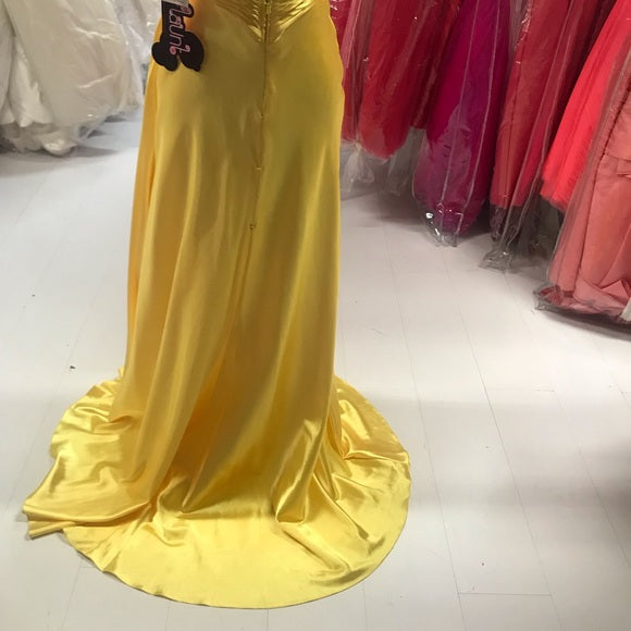 Yellow stylish elegant shoulder strap long satin floor-length ball gown, evening dress, party dress nv3692