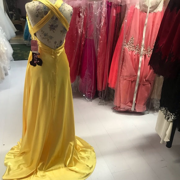 Yellow stylish elegant shoulder strap long satin floor-length ball gown, evening dress, party dress nv3692