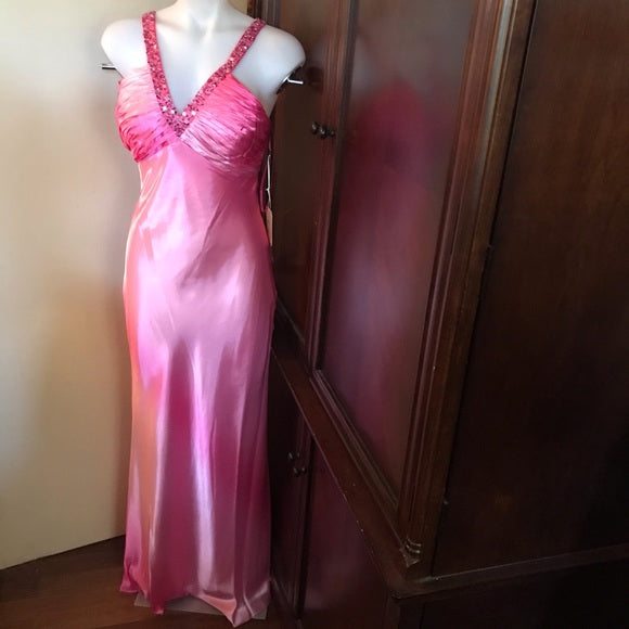 Pink Shiny Retro Pretty Fashion V-neck Strap Long Satin Ball Gown Evening Dress Party Dress nv3617