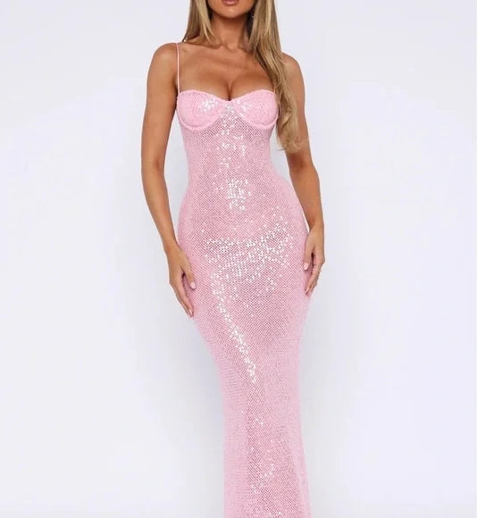 Pink Shiny Fashion Elegant Long Mermaid Slim Sequin Ball Gown Evening Dress Party Dress nv3523