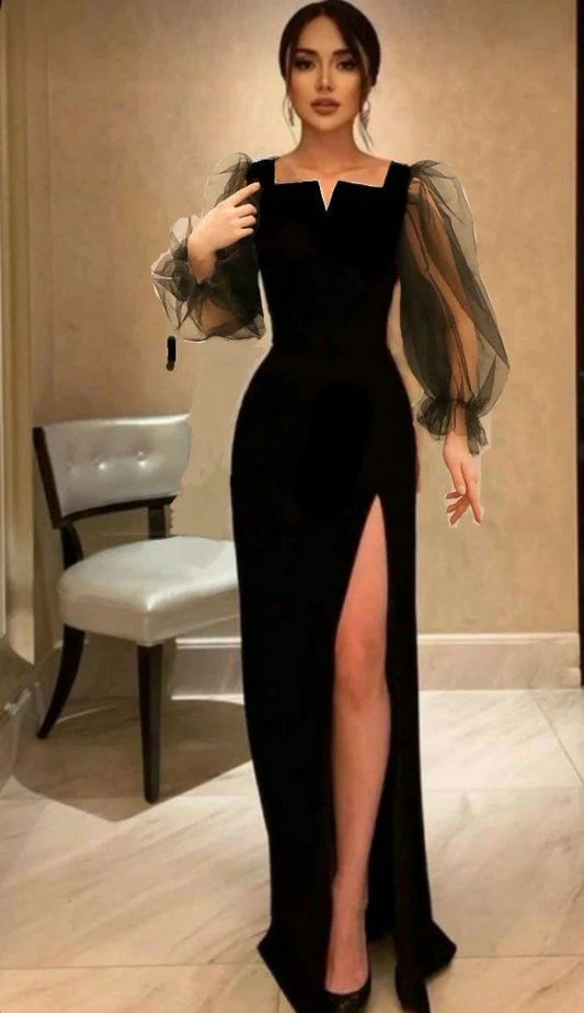 Black simple fashion puff sleeves long slit elegant sexy ball gown evening dress party dress nv51