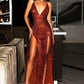 Burgundy Sequins Sheath/Column V Neck Backless Sleeveless Double Split-Front Prom Dresses  nv59