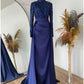 Jewel Neck Pleated Satin Bodycon Sequin Dress Trailing Long Sleeve Evening Gown Ball Gown nv1964