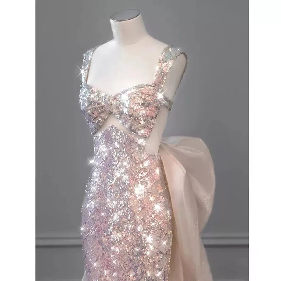 pink gorgeous sparkling pretty mermaid ball gown with detachable bow long elegant sequin formal prom dress eveng Dress Party Dress nv3725