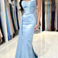 Sky Blue Strapless Pleat Prom Dress Mermaid With Slit Ruffles nv1631