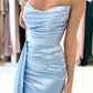 Sky Blue Strapless Pleat Prom Dress Mermaid With Slit Ruffles nv1631