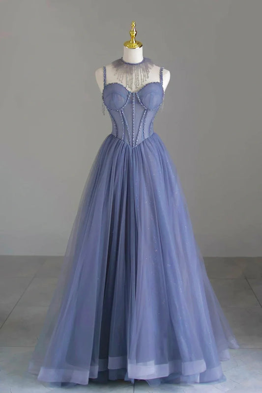 Blue spaghetti strap tulle beaded long ball gown, beautiful A-line evening dress  nv1706