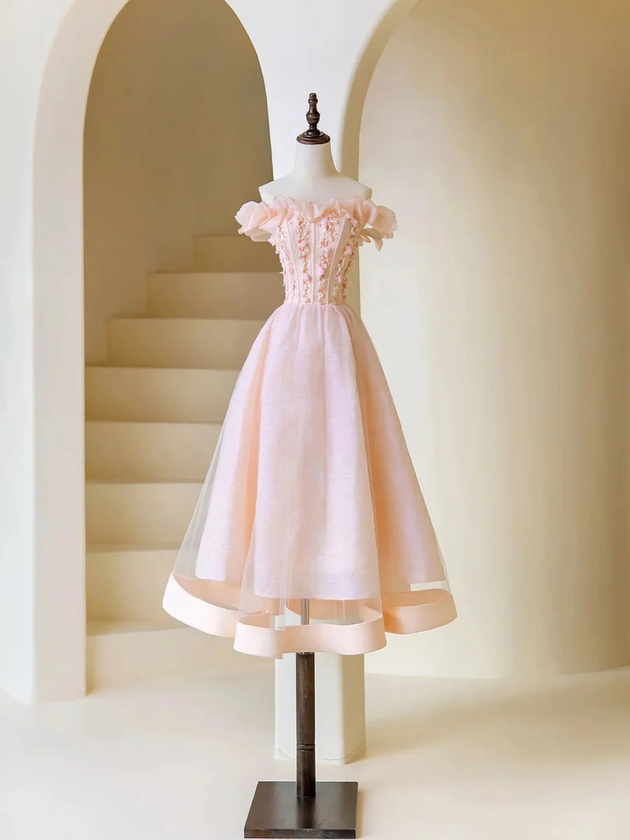 Robe de bal rose en tulle perlé, longueur thé, robe de soirée rose à épaules dénudées nv1537