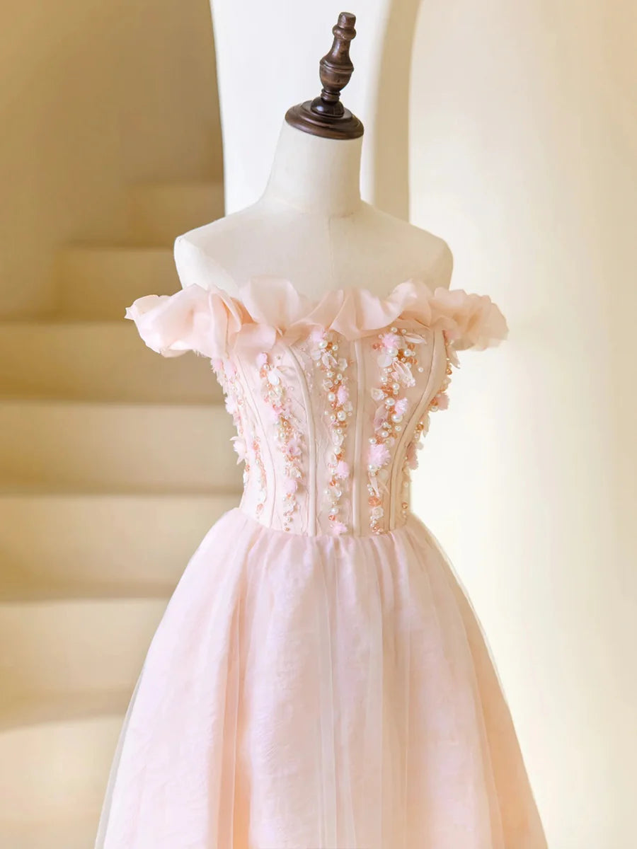 Robe de bal rose en tulle perlé, longueur thé, robe de soirée rose à épaules dénudées nv1537