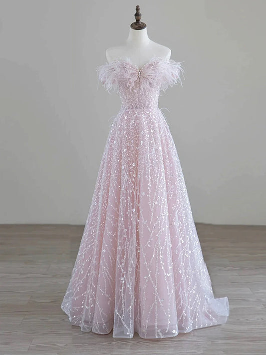 Sparkling Tulle Sequin Long Prom Dress, Off the Shoulder Pink Evening Party Dress nv1650