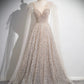 Champagne Tulle Sequins Long Prom Dress, Sparkling A-Line Evening Party Dress   nv1415