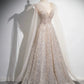 Champagne Tulle Sequins Long Prom Dress, Sparkling A-Line Evening Party Dress   nv1415