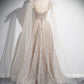 Champagne Tulle Sequins Long Prom Dress, Sparkling A-Line Evening Party Dress   nv1415